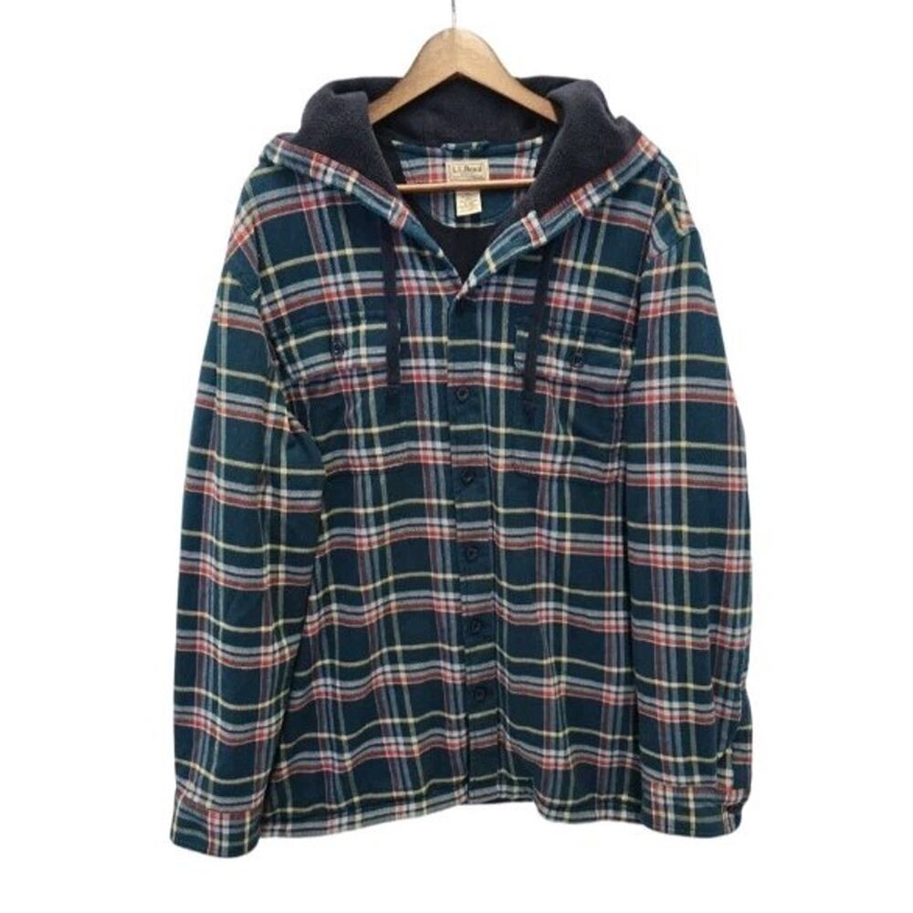 L.L. Bean Fleece Lined Plaid Flannel Shirt Jacket Mens XL Reg Teal Green Hooded